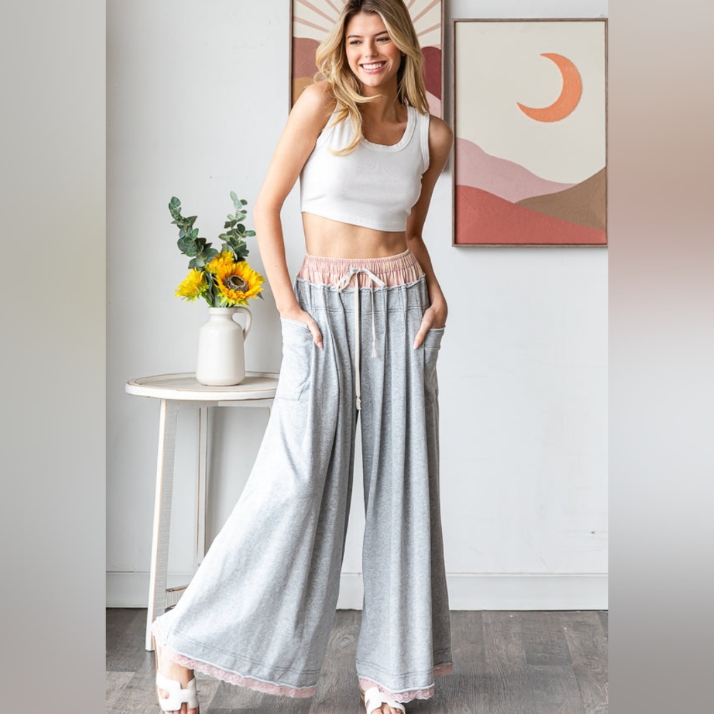 Oli & Hali WASHED TWOFER WAISTBAND WIDE LEG PANTS In H. GREY - Picture 2 of 7